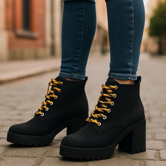 Seven7 Shoes - NWB - Seven7 Flatiron Platform Combat Boots Black w/ Yellow Laces, Women's 9